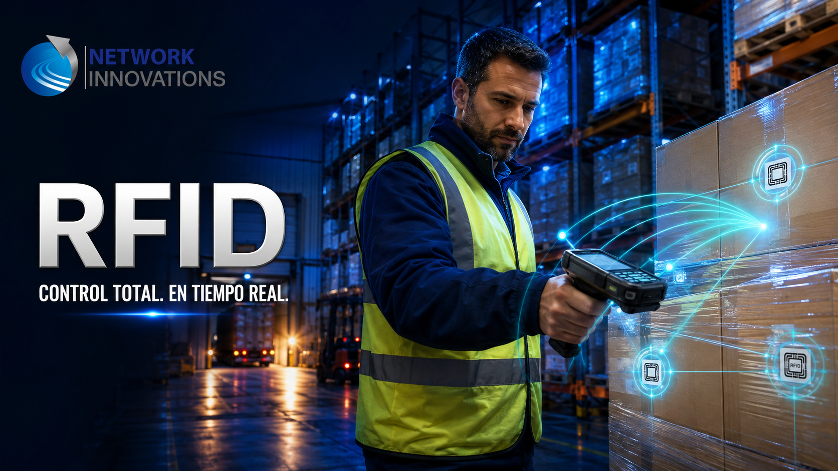 Operador de almacén utilizando tecnología RFID de Network Innovations para controlar inventario en tiempo real